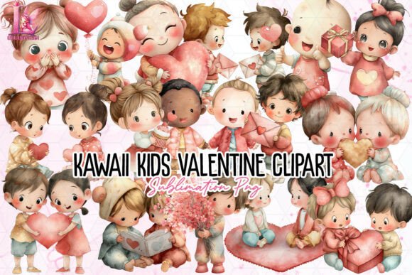 Charming Kawaii Kids Valentine Illustrations PNG for Creators